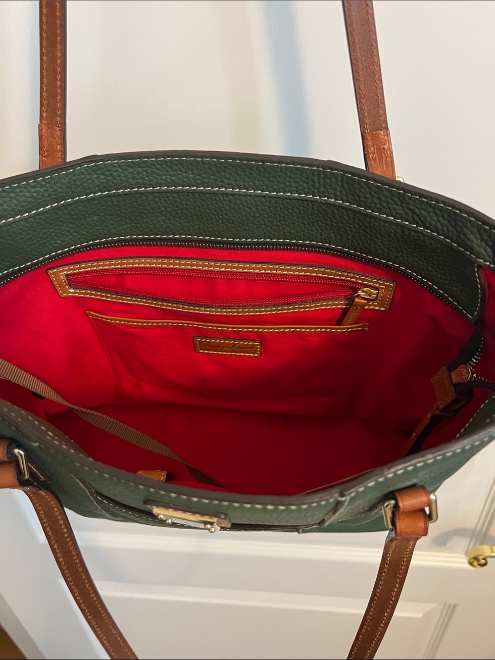 Dooney & Bourke Dark Green Pebble Leather Tote with Brown Trim - Picture 2 of 4